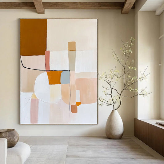 Contemporary abstract oil painting featuring minimal shapes and lines in beige, white, pastel pink, light blue, orange, and brown inspired by Matisse. DLZ0488