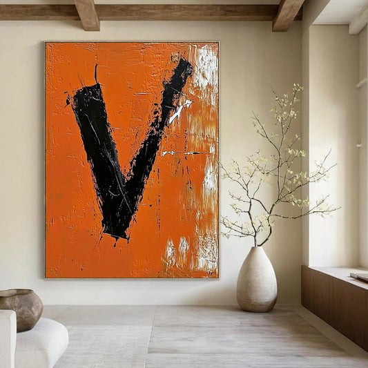 Contemporary abstract artwork featuring bold black "V" on vibrant orange background with expressive brush strokes and palette knife technique. DLZ1324