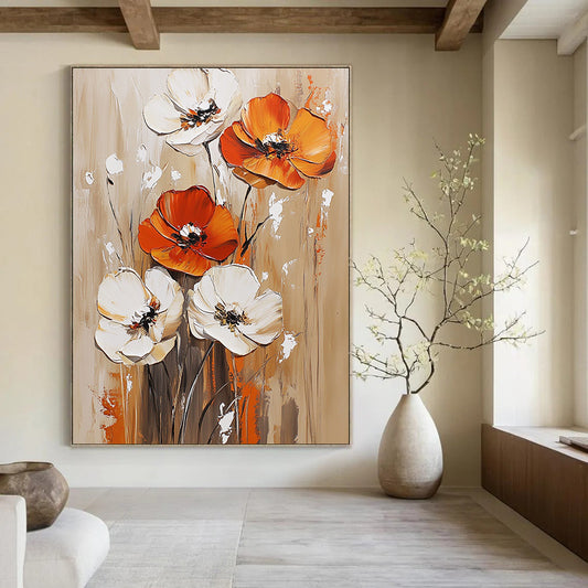 Contemporary hand-painted abstract artwork featuring vibrant orange and white flowers on a light brown background with rich accents in dark red and gold. DLZ0631