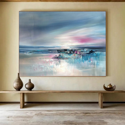 “Abstract Seaside Blush” - Blue, Pink, Gray, Dreamy Coastal Horizon Painting On Canvas HB1031