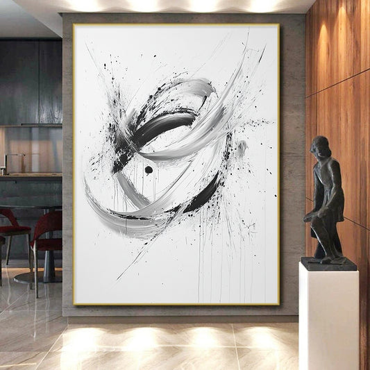 Black, White and Gray Dynamic Swirl "Hybrid Energy" Painting On Canvas HB290