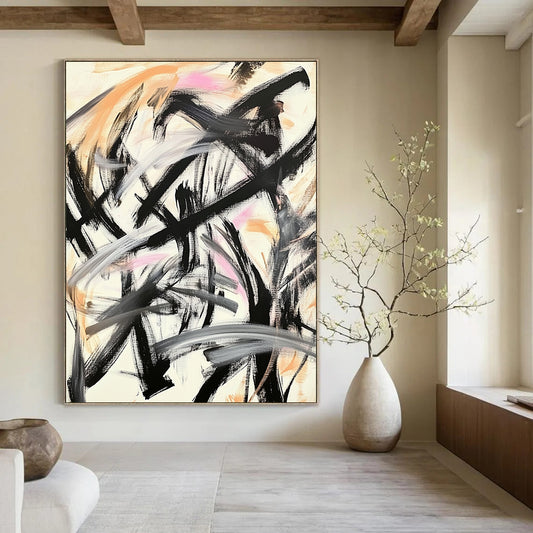 Contemporary hand-painted abstract art featuring Chinese calligraphy black brush strokes with gold and pink accents for a dynamic expression. DLZ1563