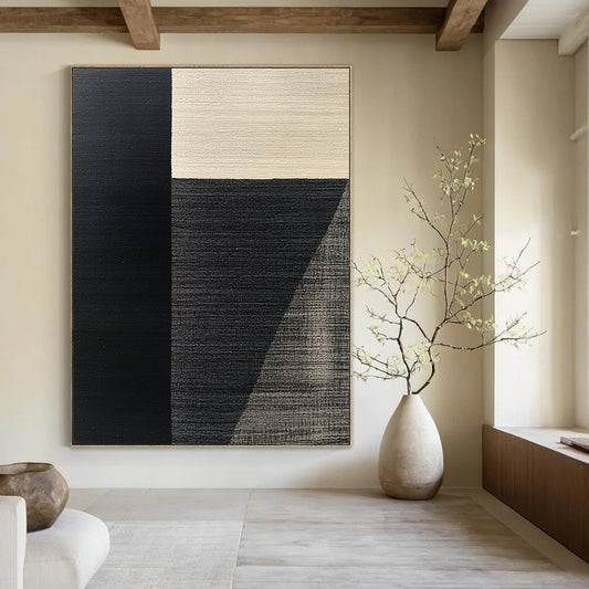 Contemporary hand-painted abstract art featuring a black and gray minimalist rug design inspired by Picasso with elegant composition and harmonious color palette. DLZ1536