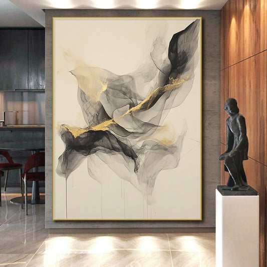 Beige, Gray, Gold, Flowing Shapes "Smoky Allure" Abstract Painting On Canvas HB028