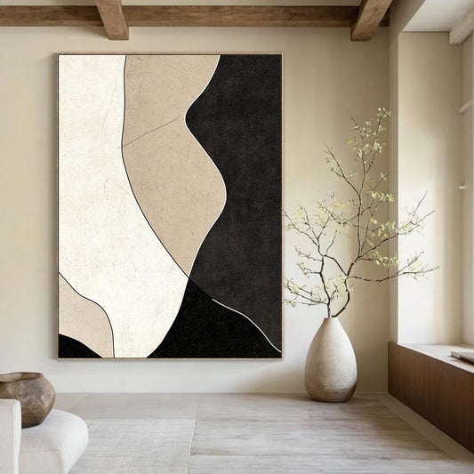 Contemporary abstract painting featuring black and beige shapes on a dark gray background with textured details and smooth curves for a modern aesthetic. DLZ1194
