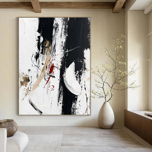 Contemporary abstract artwork features striking black brush strokes with white shoes embellished by vibrant red paint scribbles, embodying minimalism and fashion art style. DLZ0818