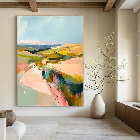 Large contemporary abstract painting featuring a pastel palette of pinks greens and yellows capturing the beauty of Welsh rolling hills and blue skies. DLZ1003