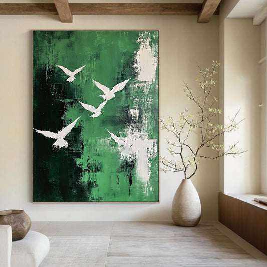 Contemporary abstract painting featuring white birds in an emerald sky with dynamic brushstrokes and textured expressions on canvas. DLZ0669
