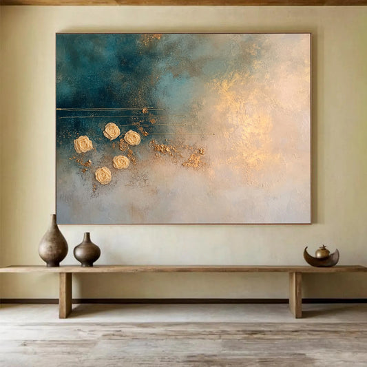 “Blue and Gold Textured Abstract with Flowers” - Blue, Gold, Beige, Textured Flowers and Lines - Mixed Media Art HB1645