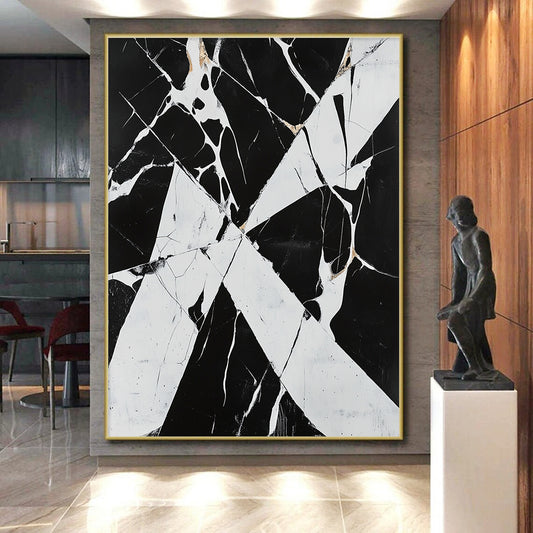 Black, White, Gold with Marbled Cracks "Fractured Elegance" Abstract Painting On Canvas HB017