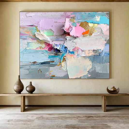 “Colorful Textured Abstract Collage” - Pink, Blue, Gold, Colorful textured abstract shapes - Impasto Oil Painting HB1794
