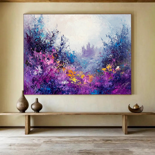 Purple - Hued Floral Fantasy with Castle - Dreamy Impasto Landscape Painting On Canvas HB0436