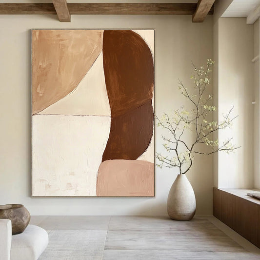 Large contemporary hand-painted abstract art featuring brown and white shapes with contrasting soft curves and bold forms for a dynamic composition. DLZ0639
