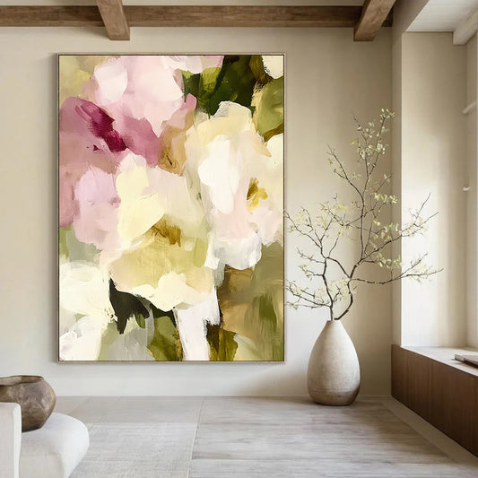 Large contemporary abstract painting featuring soft edges and blurry details with vintage floral elements in pale pink and cream tones. DLZ0379