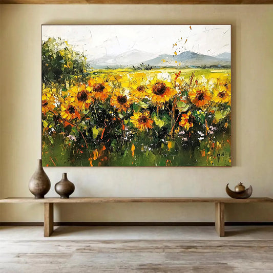 “Sunflower Field Impasto” - Thickly painted sunflowers in gold and green, Impasto Landscape Painting On Canvas HB0542
