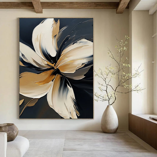 Contemporary abstract floral painting in bold white on black, featuring elegant detailing and atmospheric brushstrokes with golden highlights in high resolution. DLZ0826
