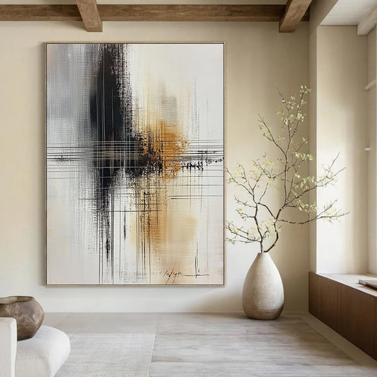 Large contemporary abstract painting featuring bold brushstrokes in black, white, and hints of gold with a central cross line drawing. DLZ0567
