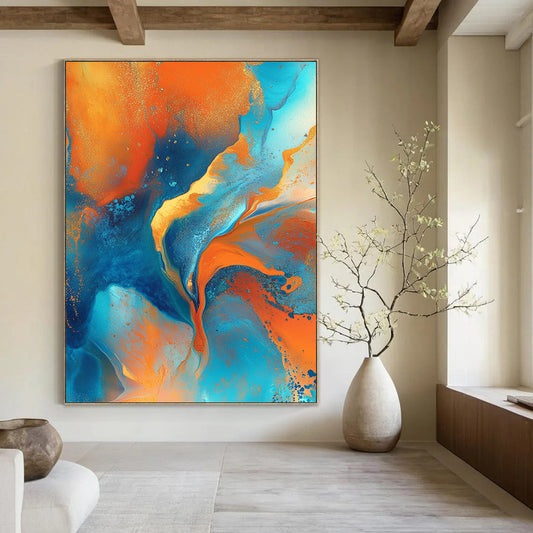 Contemporary hand-painted abstract art featuring swirling orange blue and teal colors with glitter and an open space for text, ideal for wall display. DLZ0908