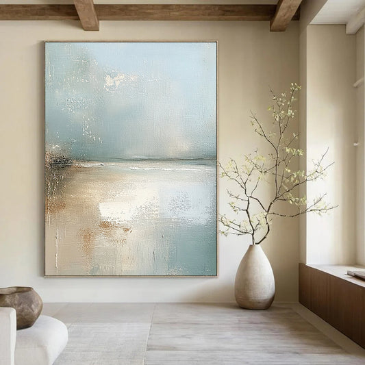 Contemporary abstract painting showcasing an Irish beach with light blue and neutral tones featuring soft edges and a serene atmosphere. DLZ0460