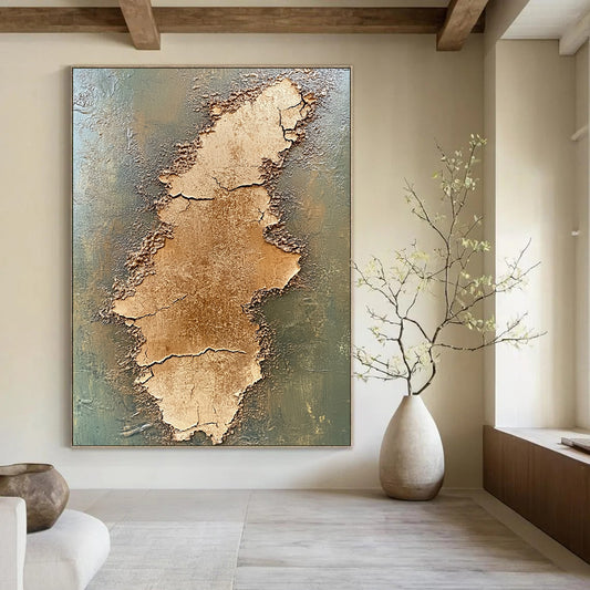 Contemporary abstract painting features two stacked cracked brown earth plains on an olive green background created with textured oil paint. DLZ0651