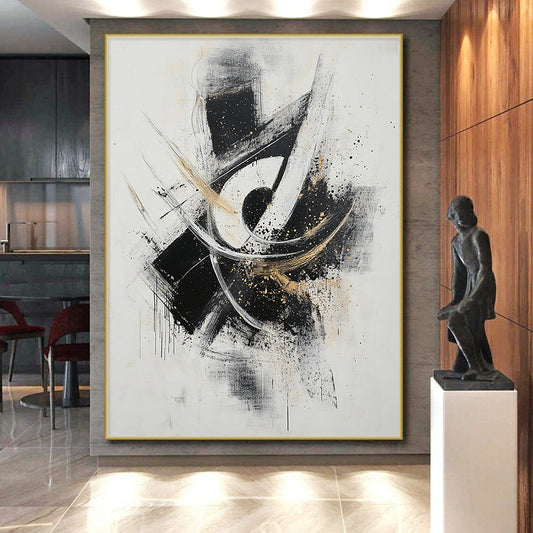 Black, White, Gray, Gold, Dynamic Swirls "Gilded Motion" Abstract Expressionist Painting On Canvas HB071