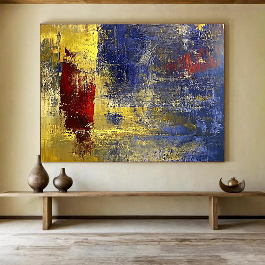 “Golden Blue Abstract” - Gold, Blue, Red, Textured Abstract Shapes Painting On Canvas HB0947