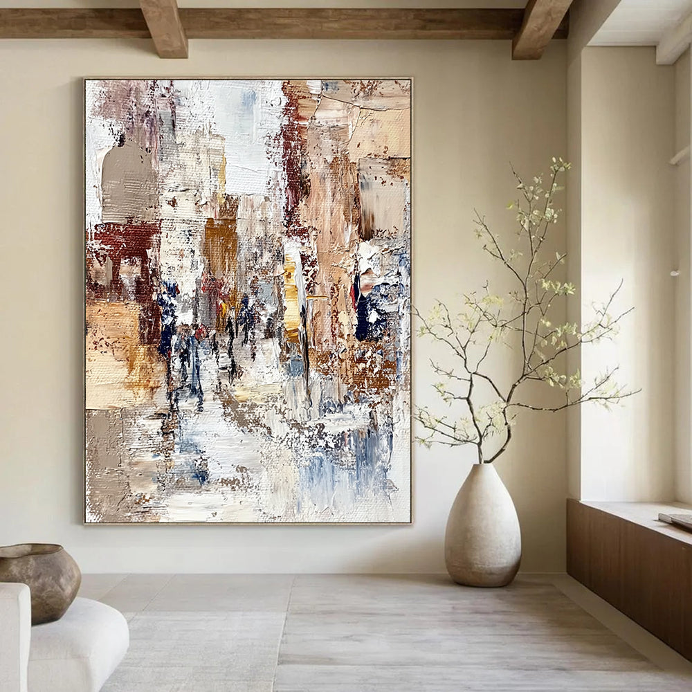 Contemporary hand-painted abstract artwork featuring textured streets and figures in an old European city with rich colors and intricate details. DLZ1005