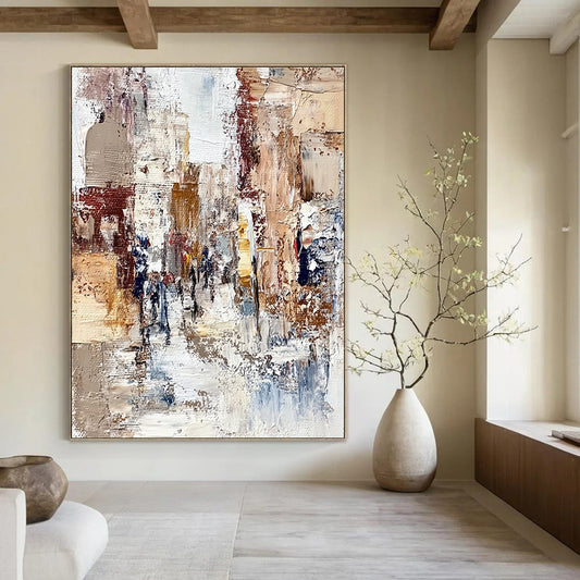 Contemporary hand-painted abstract artwork featuring textured streets and figures in an old European city with rich colors and intricate details. DLZ1005