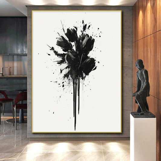 Black and White Splattered Flowers "Dramatic Blooms" Painting On Canvas HB299
