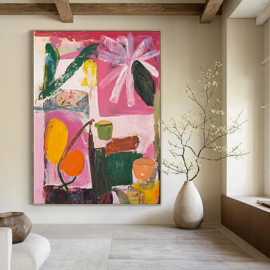 Contemporary abstract art features floral shapes in pink green and yellow against a light red background with a window and muted brown edges. DLZ0989