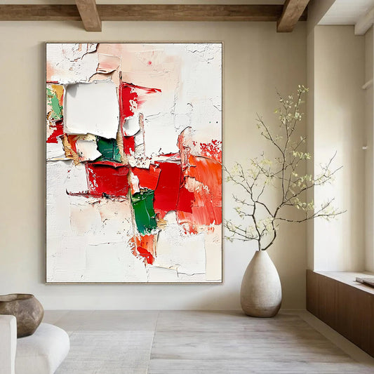 Contemporary abstract artwork showcasing torn pieces in red, green, and white with thick layers, brush strokes, and expressive paint splatters on an off-white background. DLZ0661