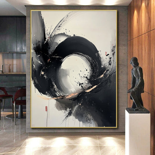Black, White, Gray, Splattered Circle "Ink Blot Symphony" Abstract Expressionist Painting On Canvas HB105