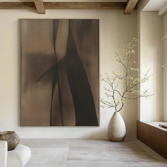 Large contemporary hand-painted abstract artwork with brown and black tones featuring minimalist shapes that evoke a powerful sense of mystery against a dark grey background. DLZ1186