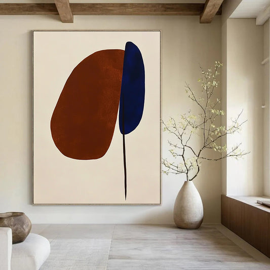 Contemporary hand-painted abstract art featuring simple brown and blue shapes on white, highlighting an oval and a space-inspired petal in a minimalist style. DLZ1310