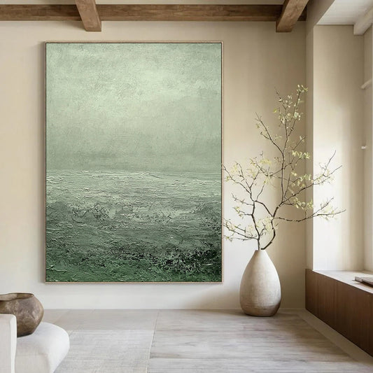 Contemporary hand-painted abstract art featuring a serene gray-green sea with ripples and soft clouds creating a tranquil atmosphere. DLZ1276