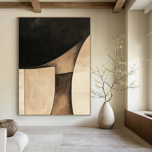 Contemporary hand-painted abstract art features minimalist Japandi style with beige and brown shapes on a black background and soft watercolor washes. DLZ1611