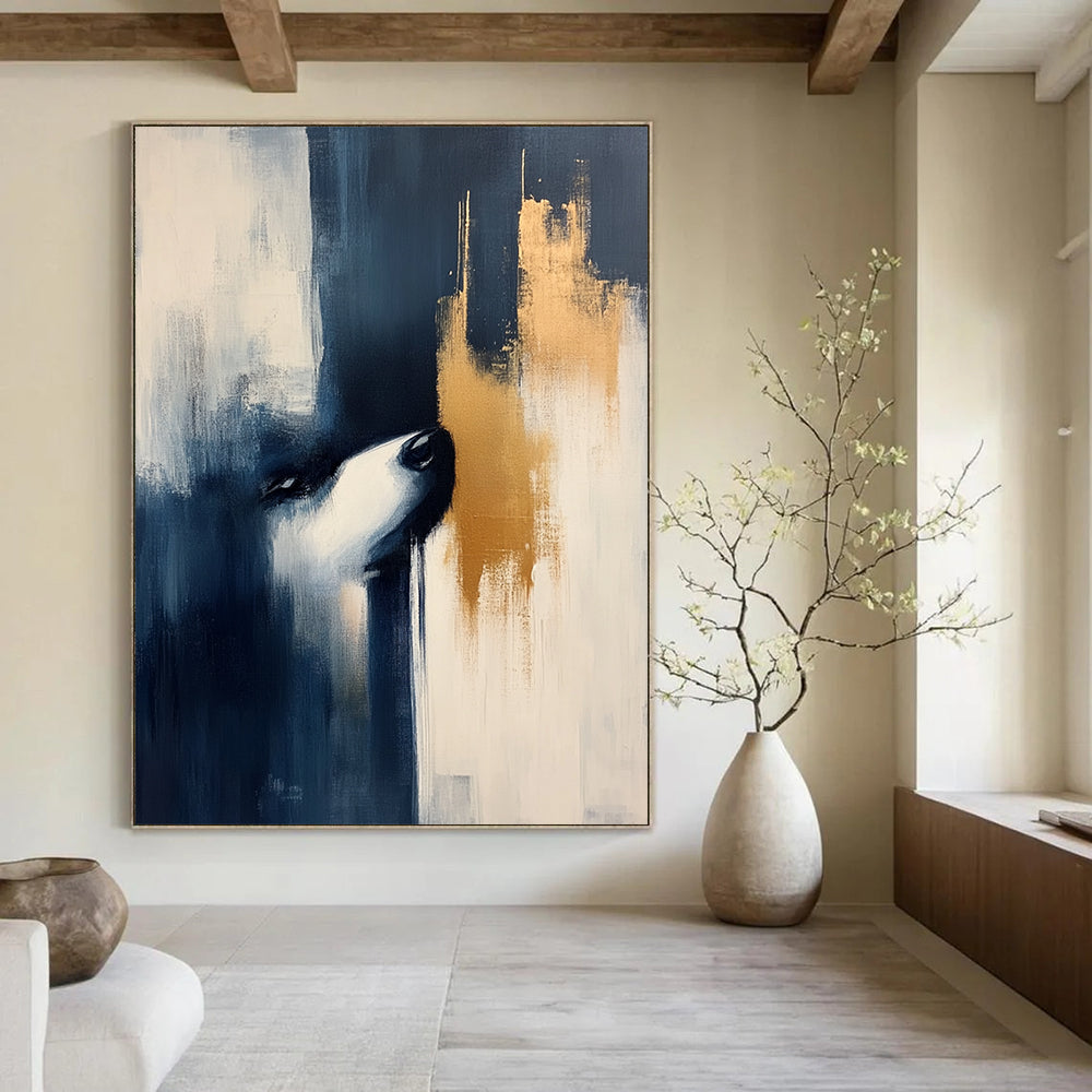 Contemporary hand-painted abstract art featuring dark blue and beige hues with elegant gold accents, perfect for modern decor. DLZ0850