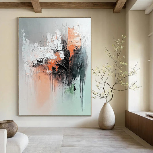Contemporary abstract painting features soft gray peach and black colors with a serene explosion of dark green rust orange and brown elements. DLZ1054