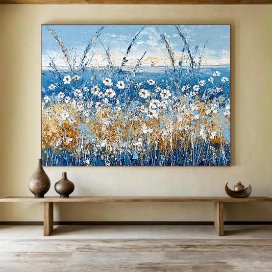 “Blue Wildflower Field with White Daisies” - Blue, White, Yellow, Orange, Floral Landscape Painting On Canvas HB0828