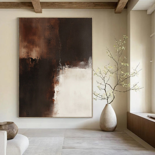 Big contemporary hand-painted abstract artwork featuring a brown and white palette on a beige background with dark bronze details expressing emotional depth and vintage texture. DLZ0566