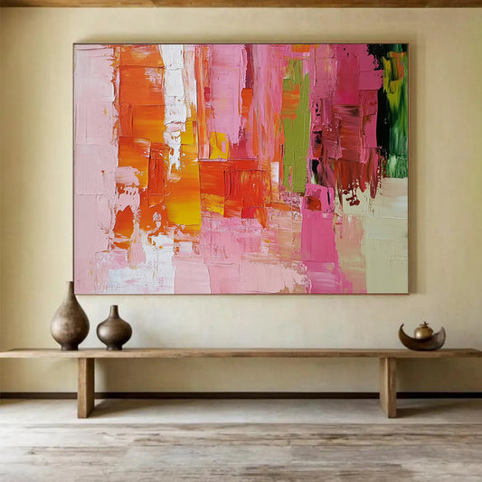 “Vibrant Urban Patchwork” - Pink, Orange, Yellow, Green, Abstract Cityscape - like Blocks Painting On Canvas HB1076