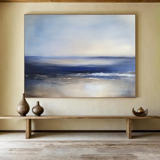 “Serene Blue - Gray Seaside” - Blue, Gray, Calm Sea Painting On Canvas HB0787