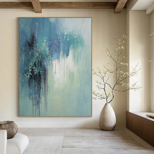 Large contemporary hand-painted abstract artwork featuring gentle hues of green and blue with elegant willow reflections and a serene, dreamy atmosphere. DLZ1179
