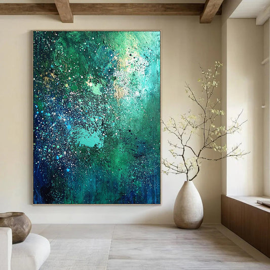 Contemporary abstract artwork in vibrant blues and greens adorned with white speckles and shimmering stars, perfect for elevating any space. DLZ0530