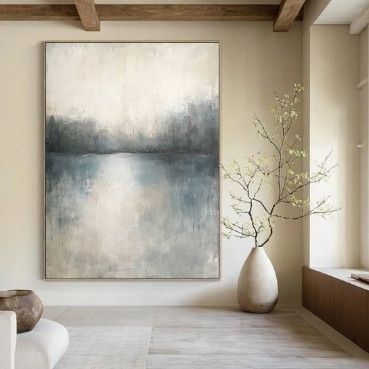 Contemporary abstract painting featuring muted tones and soft textures creating a serene, dreamlike landscape with subtle gradients and blurred edges. DLZ0443