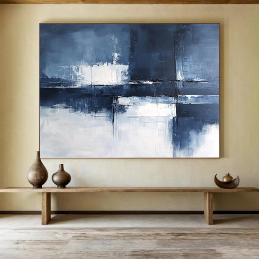 “Blue - Gray Abstract Geometric Reflections” - Blue, Gray, White, Geometric Reflections Painting On Canvas HB0831
