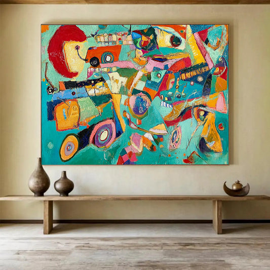 “Colorful Abstract Chaos” - Teal, red, yellow, pink, Abstract Expressionist Painting HB0643
