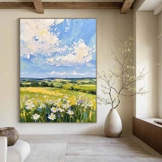 Contemporary large hand-painted abstract artwork showcasing serene English countryside with gentle hills soft blue sky and calming daisies. DLZ1421