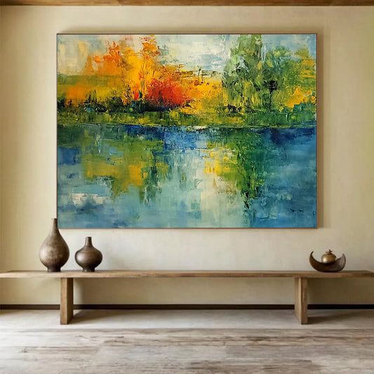 “Colorful Lake Reflection” - Green, Blue, Yellow, Abstract Tree Reflections Painting On Canvas HB0949