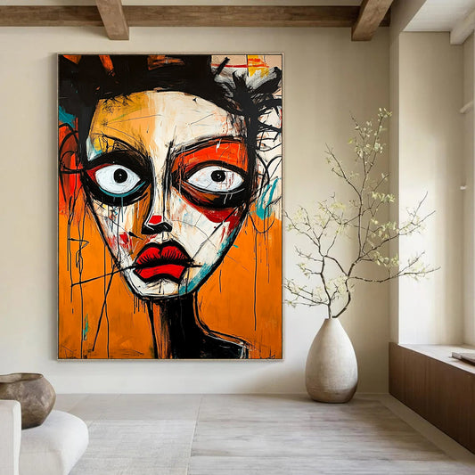 Contemporary hand-painted abstract artwork showcasing a vibrant face with strong emotions using dynamic shapes and expressive brush strokes in Basquiat style. DLZ1647